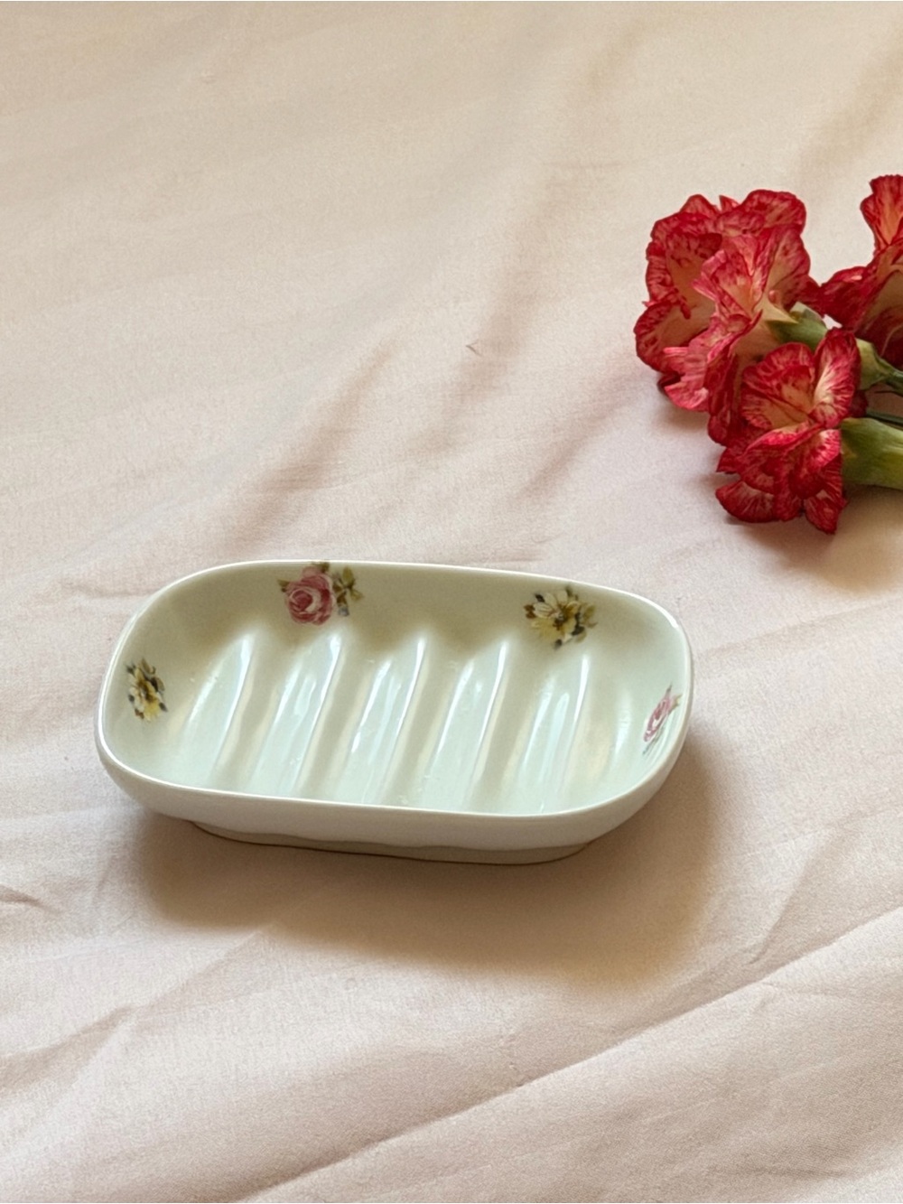 Vintage Soap Dish in White with Pink and Yellow Floral Paint 1949-1990